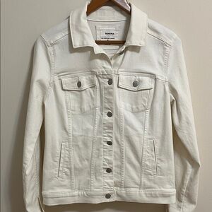 White Jean Jacket Denim Coat Size Small Button Down Pockets Collar Classic